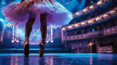 A graceful ballerina in a tutu and ballet shoes performs on stageの素材
