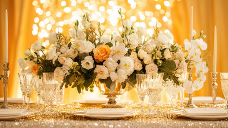 A stunning arrangement of fresh flowers, including roses and orchids, is the focal point on a glimmering table setting. Candles and crystal glassware enhance the festive atmosphere.の素材