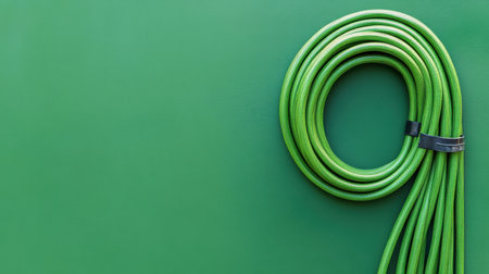 A vibrant green garden hose is neatly coiled against a solid green background, showcasing its durable texture. Ideal for various gardening tasks and outdoor maintenance.の素材