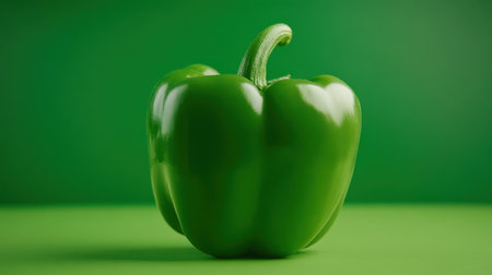 A fresh green bell pepper is placed upright on a smooth green surface, illuminated by soft, natural light. The background complements the vibrant color of the pepper.の素材