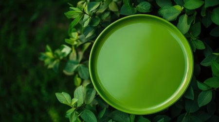 A bright green plate rests on a bed of vibrant green leaves, showcasing the harmony of color and nature during a sunny daytime setting.の素材