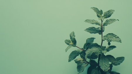 A vibrant mint plant with lush green leaves stands tall against a soft green wall, showcasing its healthy growth in a serene indoor setting, perfect for herbal enthusiasts.の素材