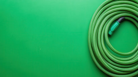 A vibrant green garden hose is neatly coiled against a matching bright green background. This setting emphasizes the freshness and cleanliness associated with gardening.の素材