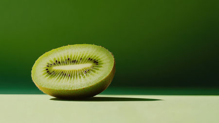 Bright green kiwi fruit is cut in half, revealing its vibrant interior and tiny black seeds. The contrasting colors create an appealing visual against a subtle green background.の素材