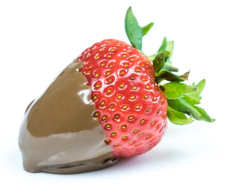 Chocolate dipped strawberry close up/macro shot on whiteの写真素材