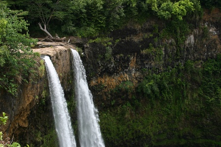 Hawaii waterfall in summer from overlookの写真素材