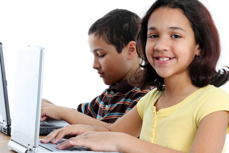 Picture of children on computer set on white background