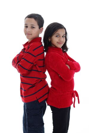 Girl and Boy together against a white backgroundの写真素材