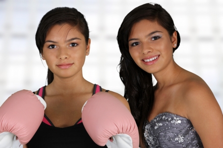Teen girl working out in the gym and in a prom dressの写真素材