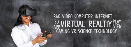 Virtual reality glasses being used by a happy woman