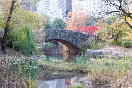 Gapstow bridge is the most iconic bridge of Central Park with fenomenal views of the midtown skylineの写真素材