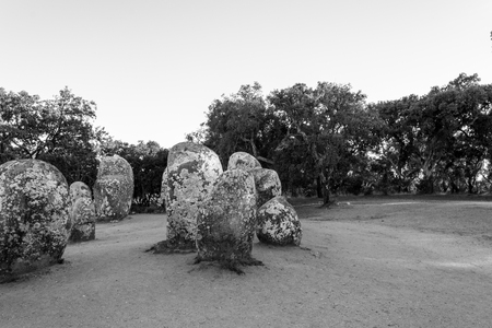 Almendres cromlech in Portugal is one of the largest monolithic complexes in Europeの写真素材