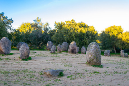 Almendres cromlech in Portugal is one of the largest monolithic complexes in Europeの写真素材