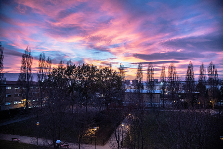 Colorful sunset from a balcony in Pamplona (Spain)の写真素材