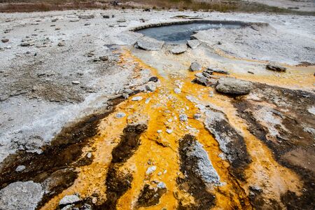 Boiling hot spring in Yellowstone of vivid colors caused by thermophilic bacteria