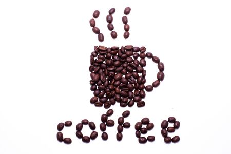 Cup of coffee shape and the word coffee created with coffee beans over a white backgroundの写真素材