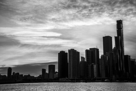 Chicago skyline at sunset from Navy Pierの写真素材
