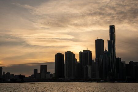 Chicago skyline at sunset from Navy Pierの写真素材