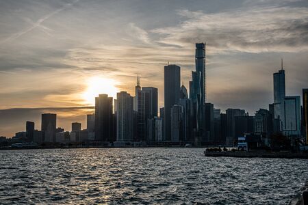 Chicago skyline at sunset from Navy Pierの写真素材