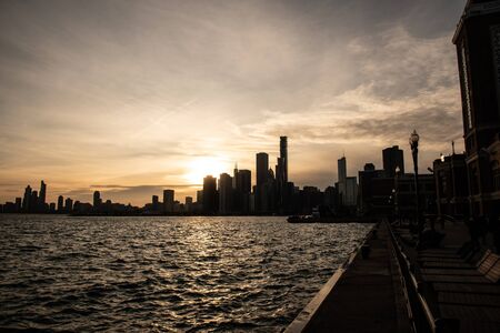 Chicago skyline at sunset from Navy Pierの写真素材