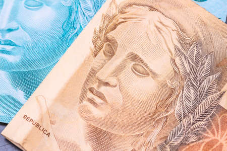 Real, Brazilian currency. Money, Brazil. A group of brazilian banknotes in close-up.の写真素材