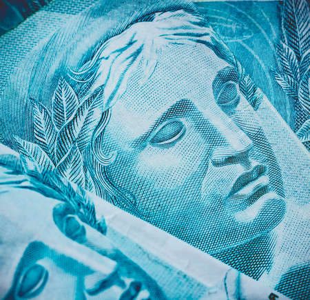Real, Brazilian currency. Money, Brazil. A brazilian banknotes of Real in close-up.