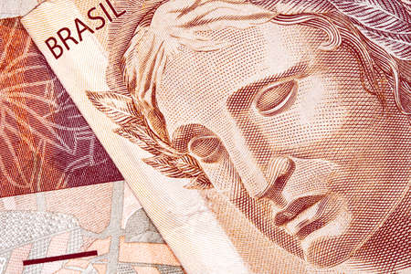 Real, Brazilian currency. Money, Brazil. A brazilian banknotes of Real in close-up.の写真素材