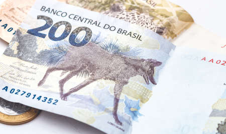 Money, Brazil, Money, Real, Reais. Real currency, money from Brazil. Brazilian banknotes in close up.の写真素材