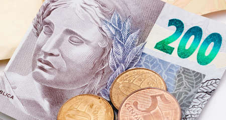 Money, Brazil, Money, Real, Reais. Real currency, money from Brazil. Brazilian banknotes in close up.の写真素材