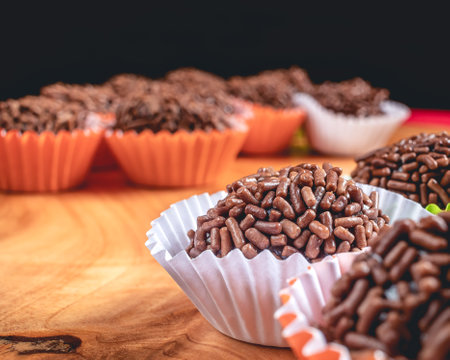 Brigadeiro (Chocolate truffles). Sweets, Brazil, Brazilian food. Typical Brazilian sweet. Most traditional sweet of birthday parties.の写真素材