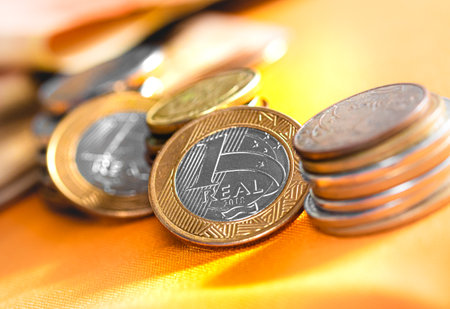 Real currency (BRL) - Money from Brazil. Money, Reais, Brazilian Real, Brazil. Brazilian coins in close up.の写真素材
