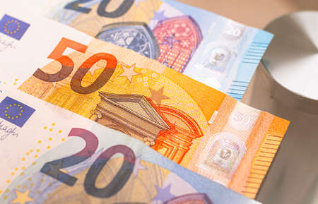 Euro banknotes of 50 and 500 european union, close upの写真素材