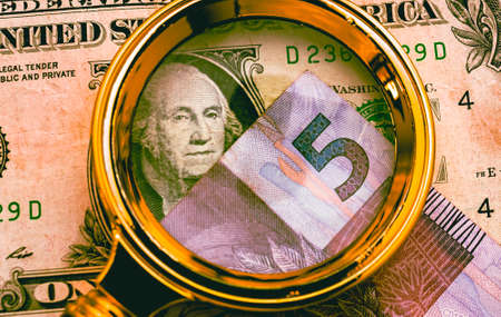 Dollar banknotes and magnifying glass. Business and finance concept.