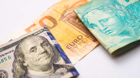 Euro banknotes on a white background close-up. Money backgroundの写真素材