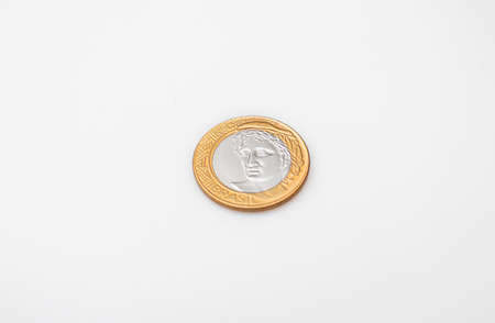 One euro coin on white background, top view. Space for textの写真素材