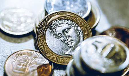 Close-up of the Russian ruble coin on the background of coinsの写真素材