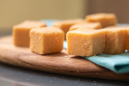 Caramel cubes on wooden cutting board, closeup. Delicious dessert