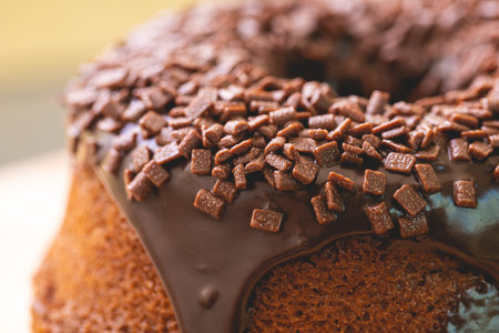 Chocolate bundt cake with chocolate sprinkles on wooden background.の写真素材
