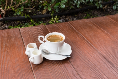Coffee on grunge wooden backgroundの写真素材