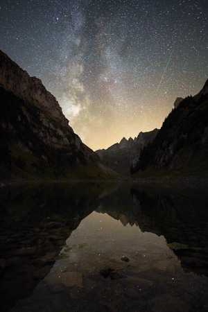 Milkyway rising over the swiss mountains and reflection in lake
