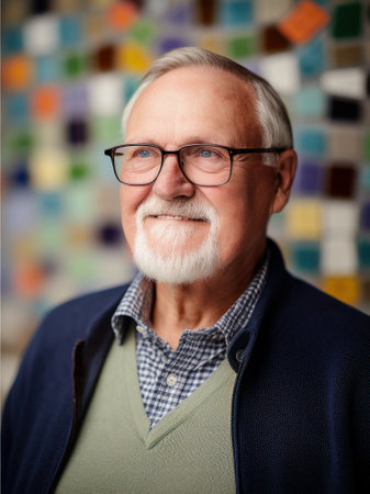 Portrait of senior man with eyeglasses against colorful mosaic wallの素材