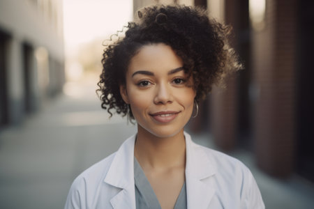 Portrait of young african american female doctor in white coatの素材