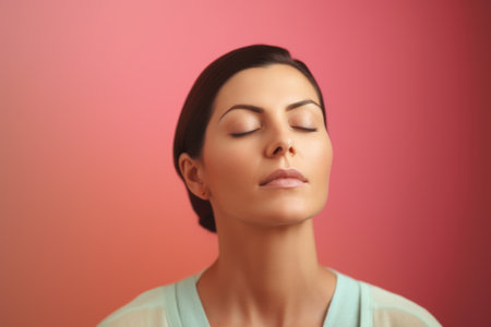 Beautiful young woman with closed eyes on color background, closeupの素材