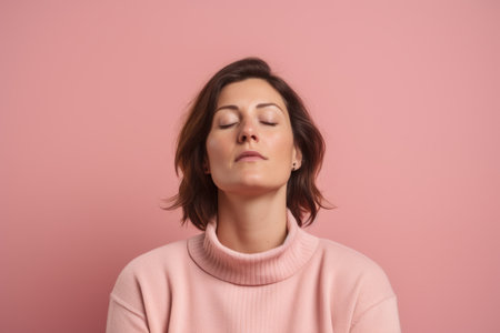 Portrait of a young woman with closed eyes on a pink backgroundの素材