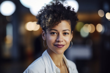 Portrait of smiling businesswoman with curly hair looking at camera in officeの素材