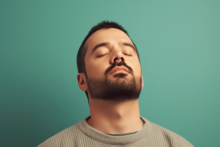 Young man with closed eyes on a green background. Toned.の素材