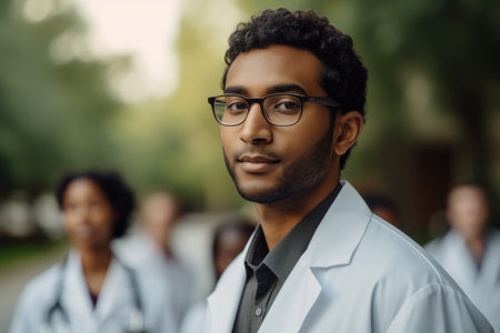 Portrait of young african american male doctor in white coat and glasses.の素材