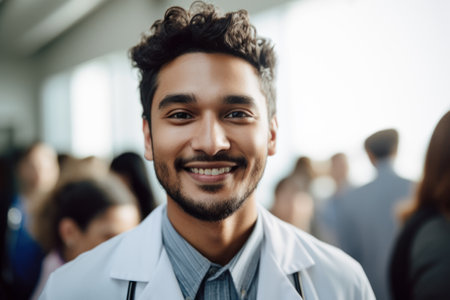 Portrait of smiling african american male doctor standing in officeの素材