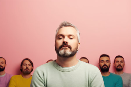 Portrait of a man with a beard on a pink background.の素材