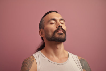 Portrait of a man with a beard on a pink background.の素材
